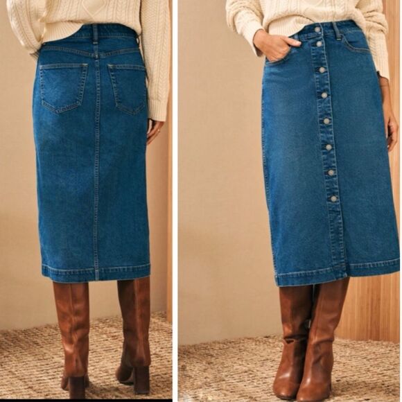 New Faherty Blue Jean Denim Mercer Bay Button Down Midi Skirt Size 26 - Picture 1 of 9